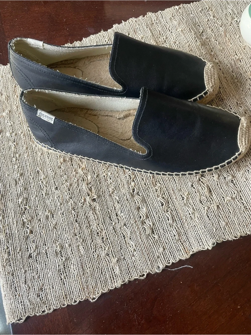 Soludos Black Leather Women's Espadrilles with Natural Jute Trim